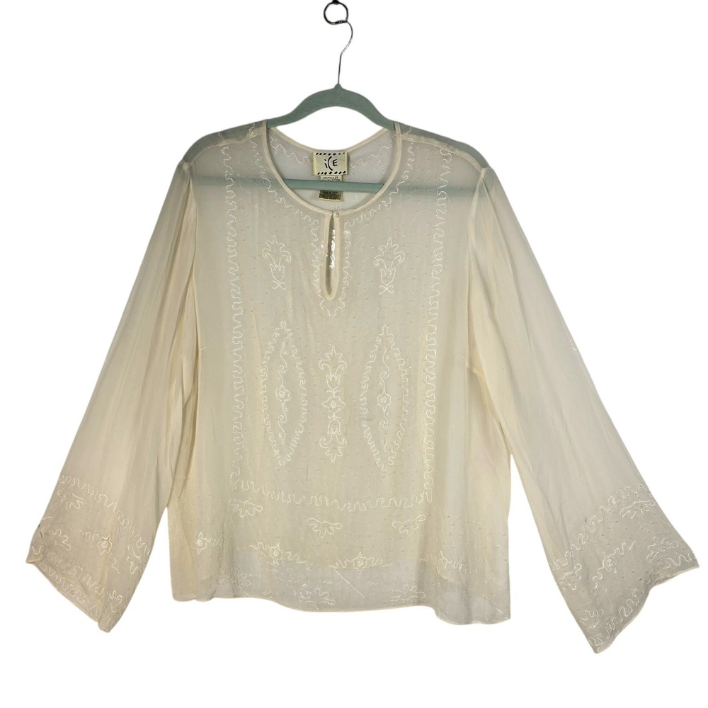ICE Womens Tunic Top Plus 2X Cream 100% Silk Beaded Embroidered Long Sleeve